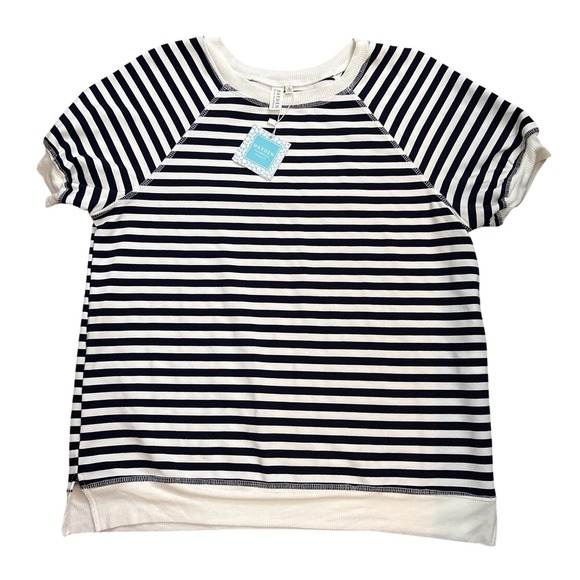 Hayden Los Angeles Tops - Hayden Los Angeles Womens Navy White Striped Short Sleeve Raglan Sweatshirt S